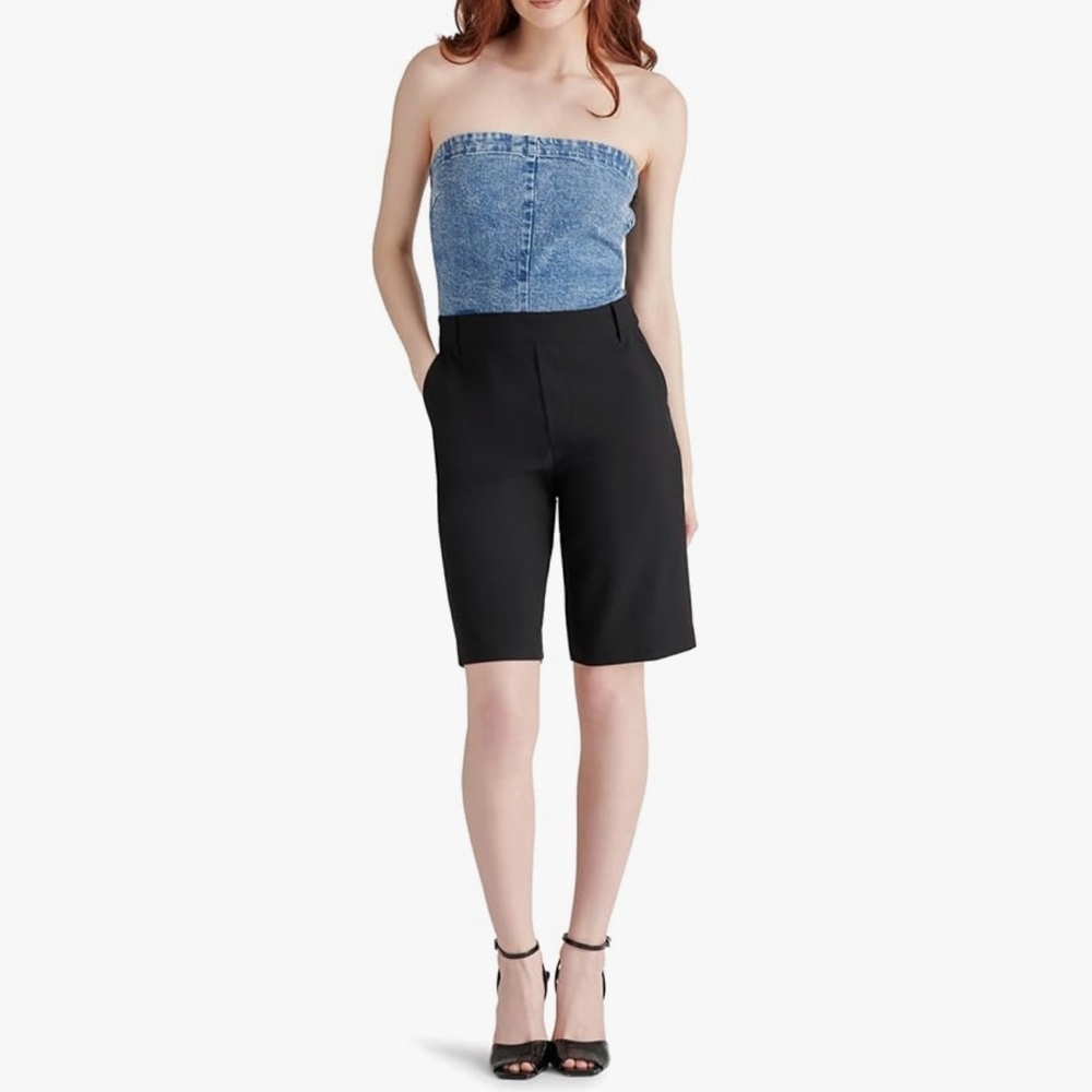 Steve Madden NWT Strapless Mixed Media Denim Knee-Length Romper